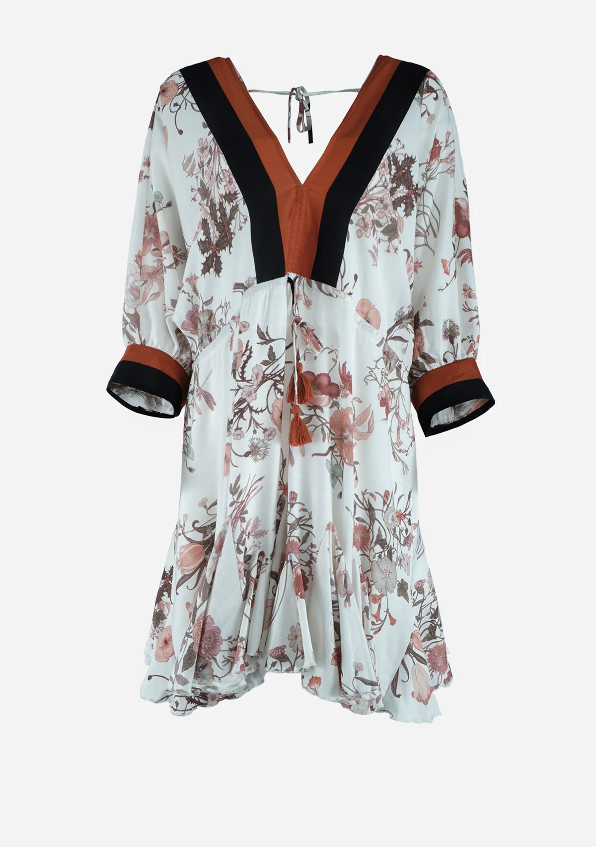 3/4Dolman Sleeve Tie Front Waisted Border Printed Mini Dress Ivory/Rust