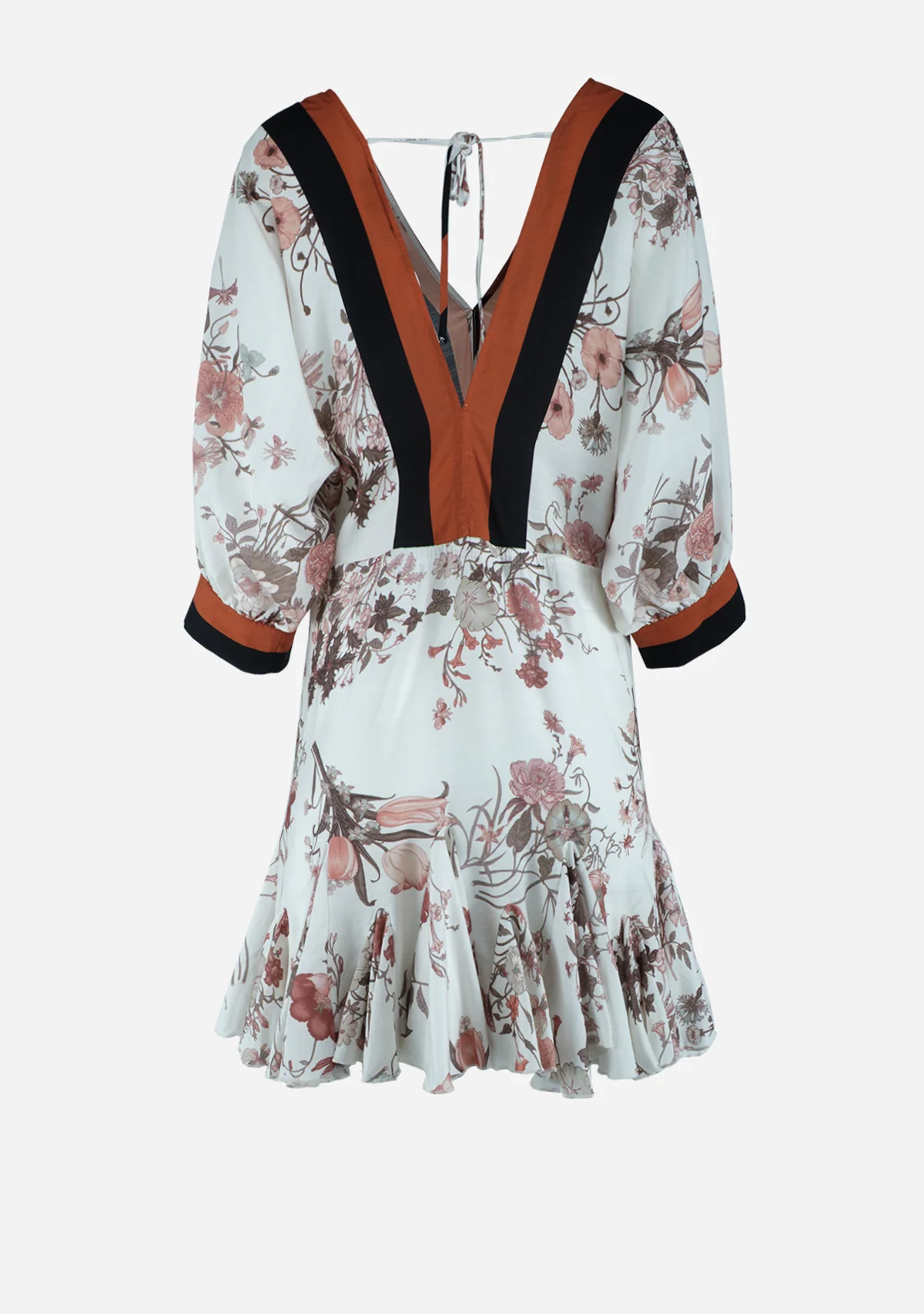 3/4Dolman Sleeve Tie Front Waisted Border Printed Mini Dress Ivory/Rust - Image 2