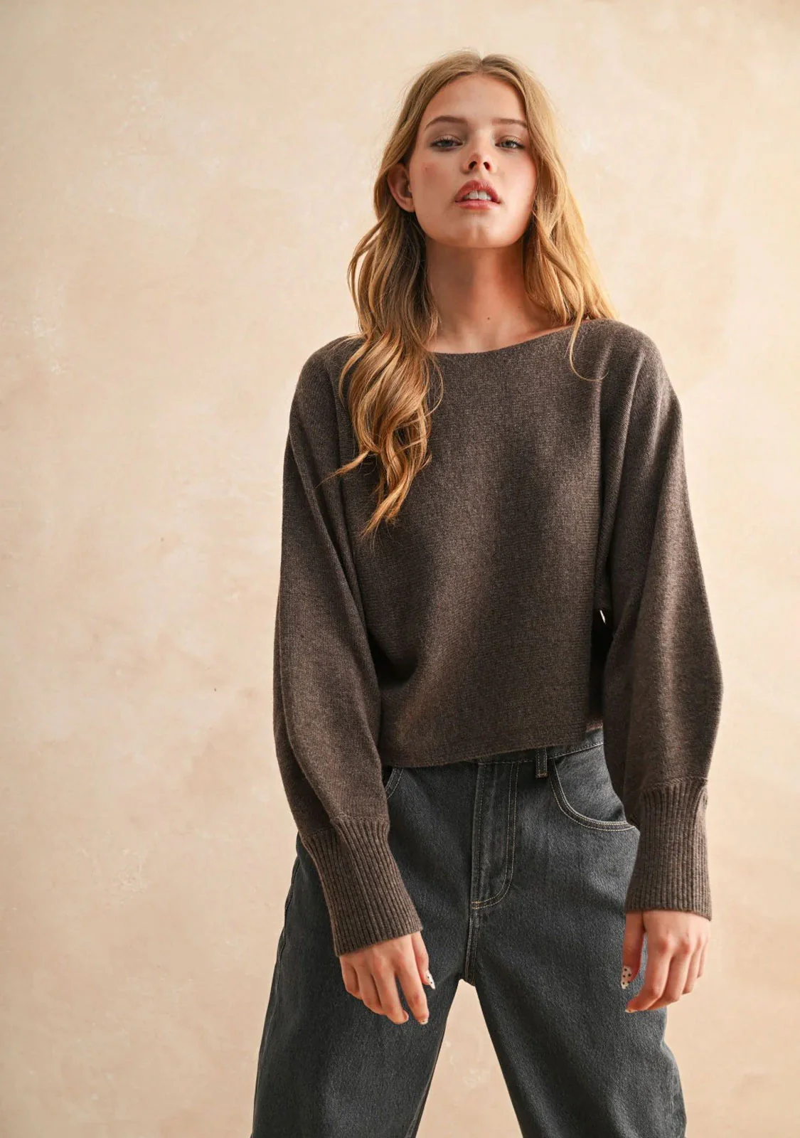 Boat Neck Sweater Top Brown - Image 2