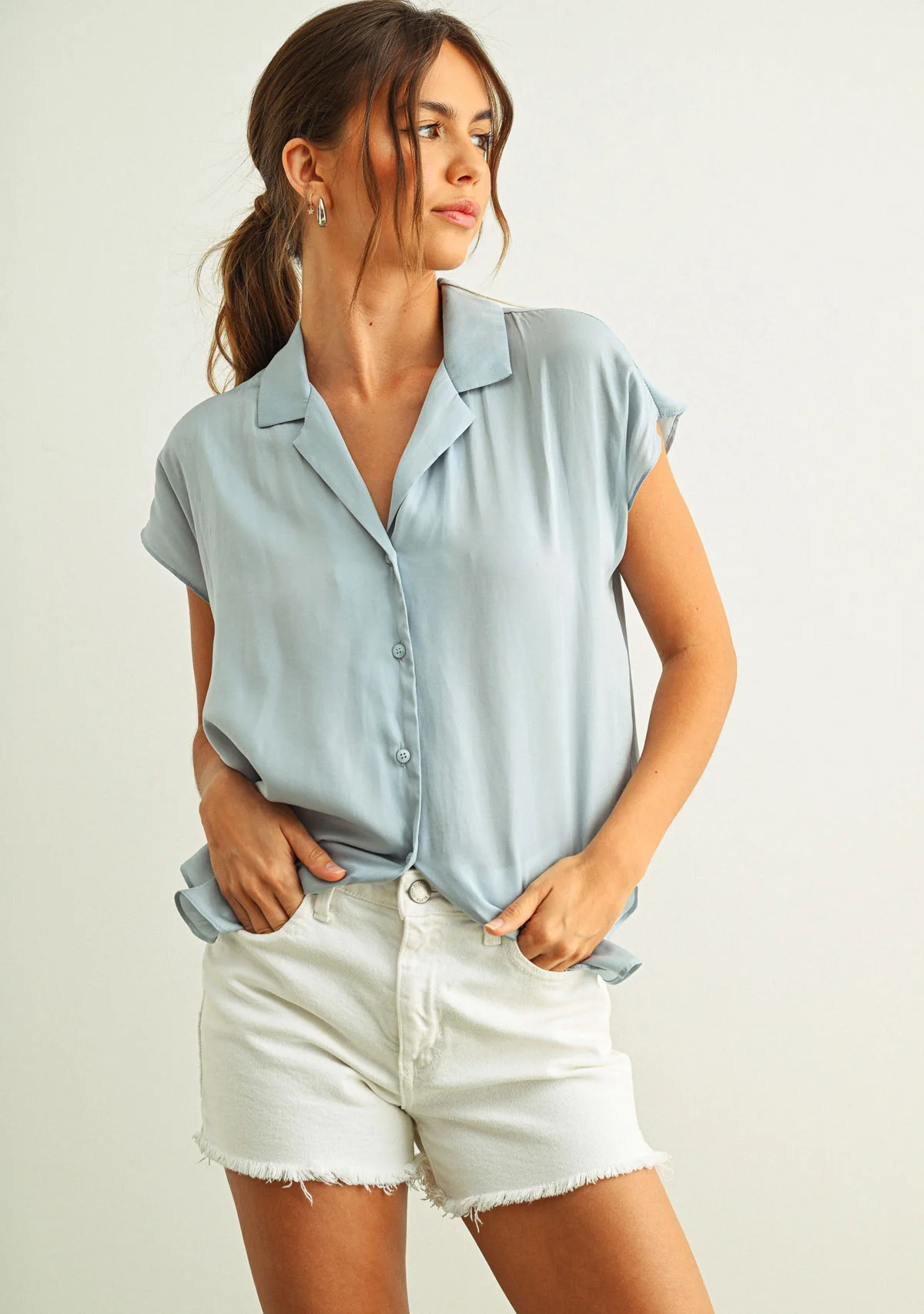 Button Down Cap Sleeve Shirt Baby Blue - Image 2