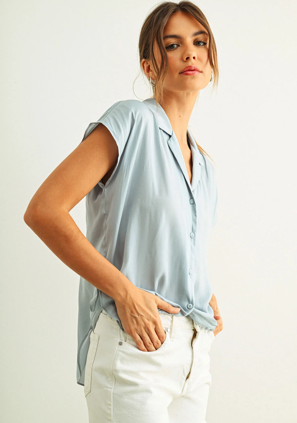 Button Down Cap Sleeve Shirt Baby Blue - Image 3
