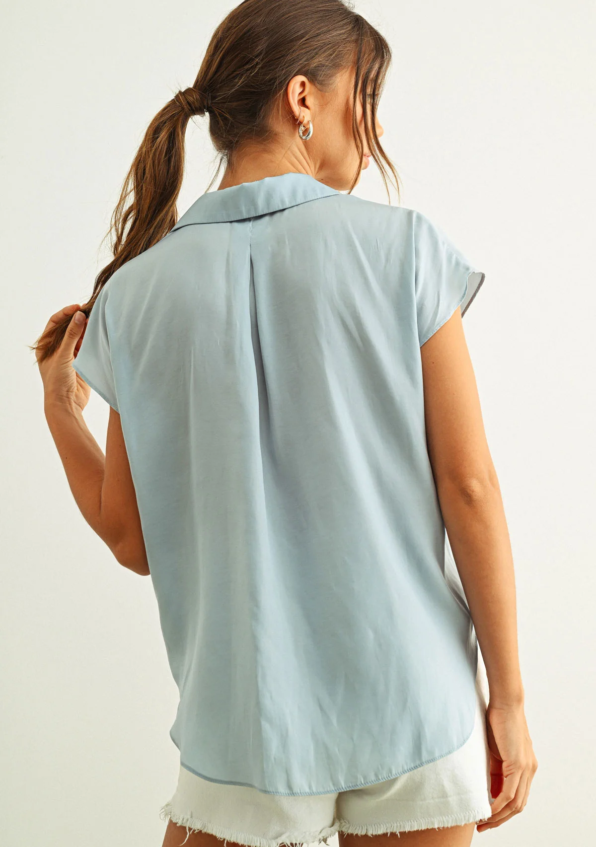 Button Down Cap Sleeve Shirt Baby Blue - Image 4