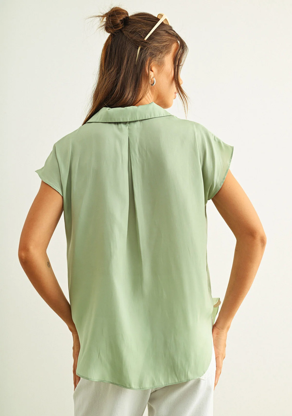 Button Down Cap Sleeve Shirt Sage Green - Image 4
