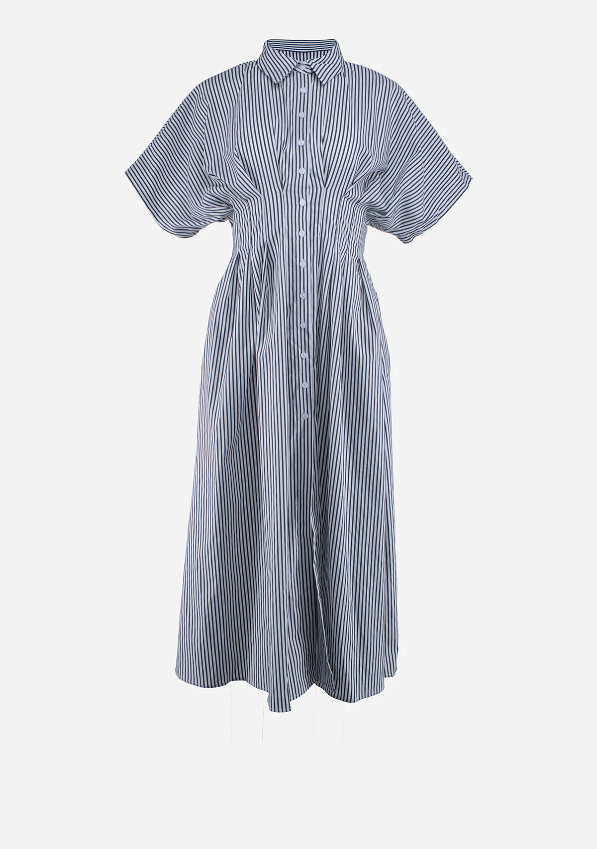 Button Front Pleated Shirt Dress Black Stripe