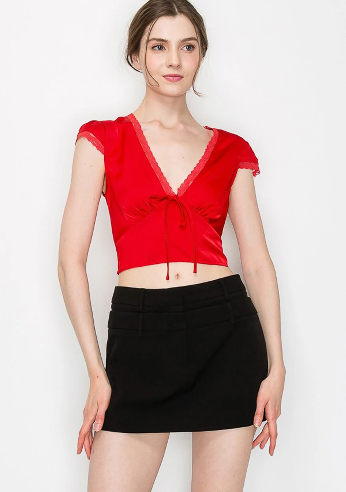 Cap Sleeves Satin Crop Top With Edge Lace - Image 3
