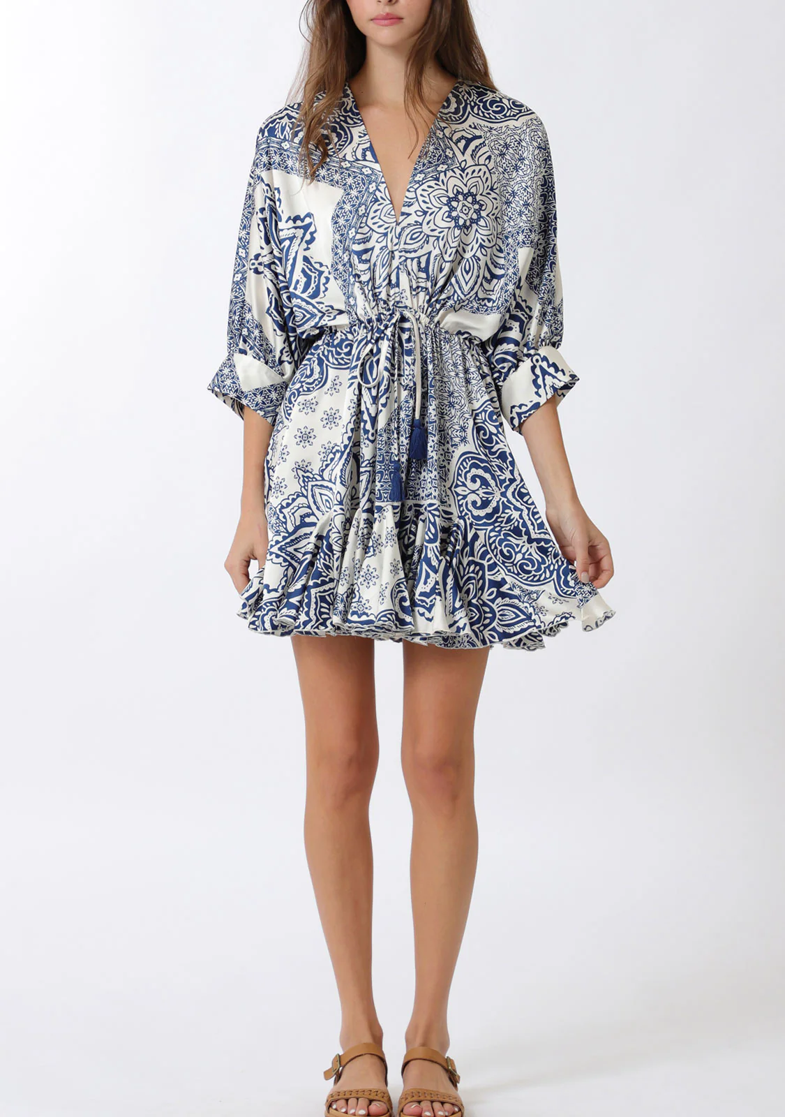 Dolman 3/4 Sleeve Detail Tie Waist Mini Dress - Image 2