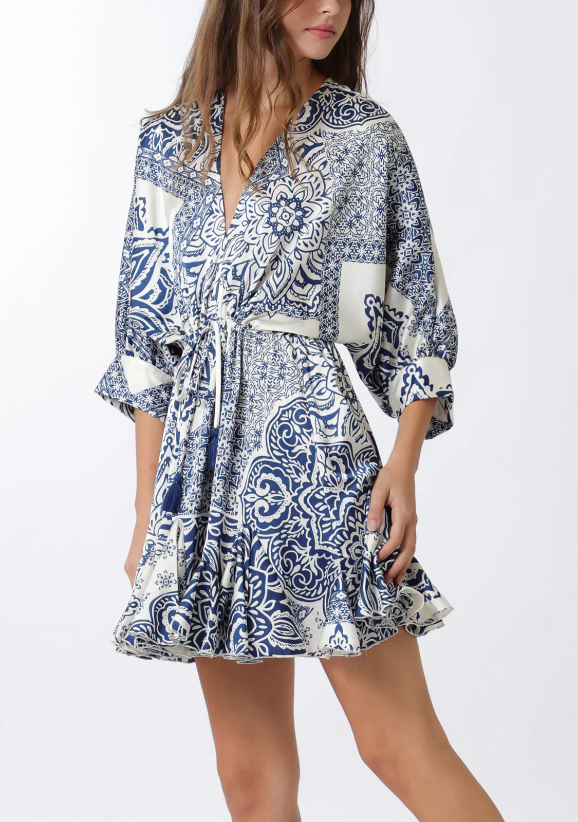 Dolman 3/4 Sleeve Detail Tie Waist Mini Dress - Image 3