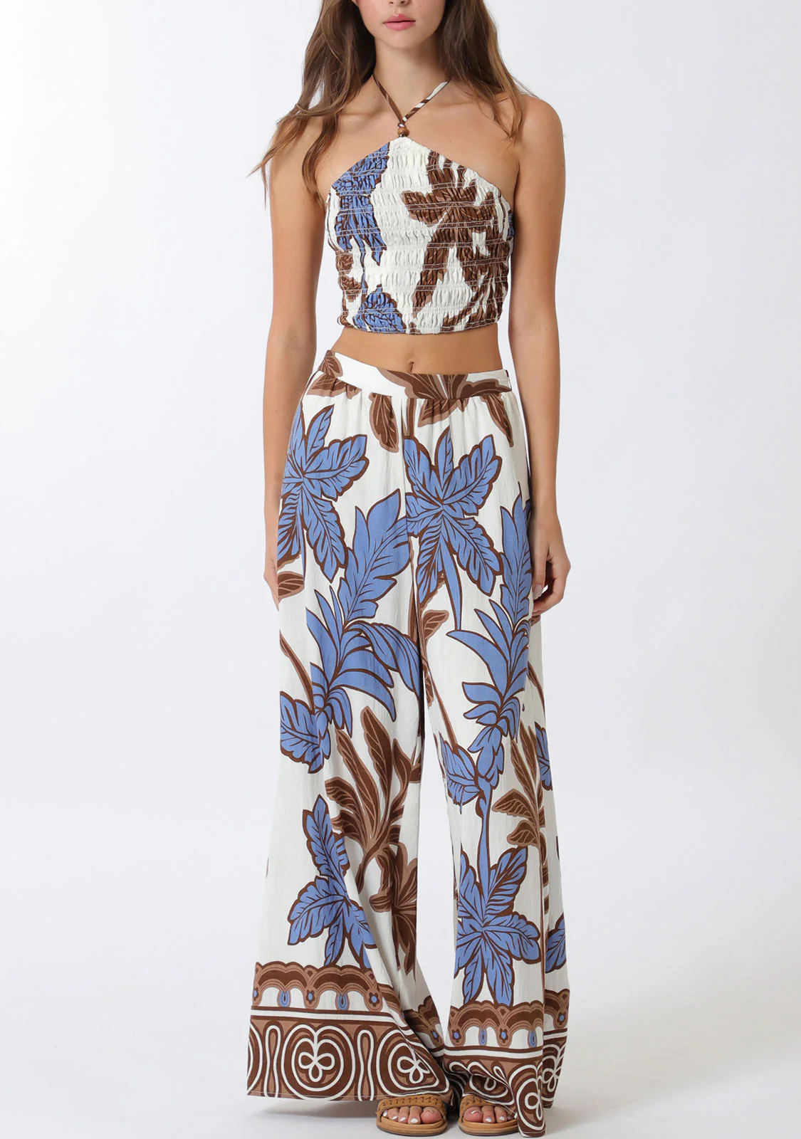 Elastic Smocked Halter Top And Long Pants Set Ivory/Brown - Image 2