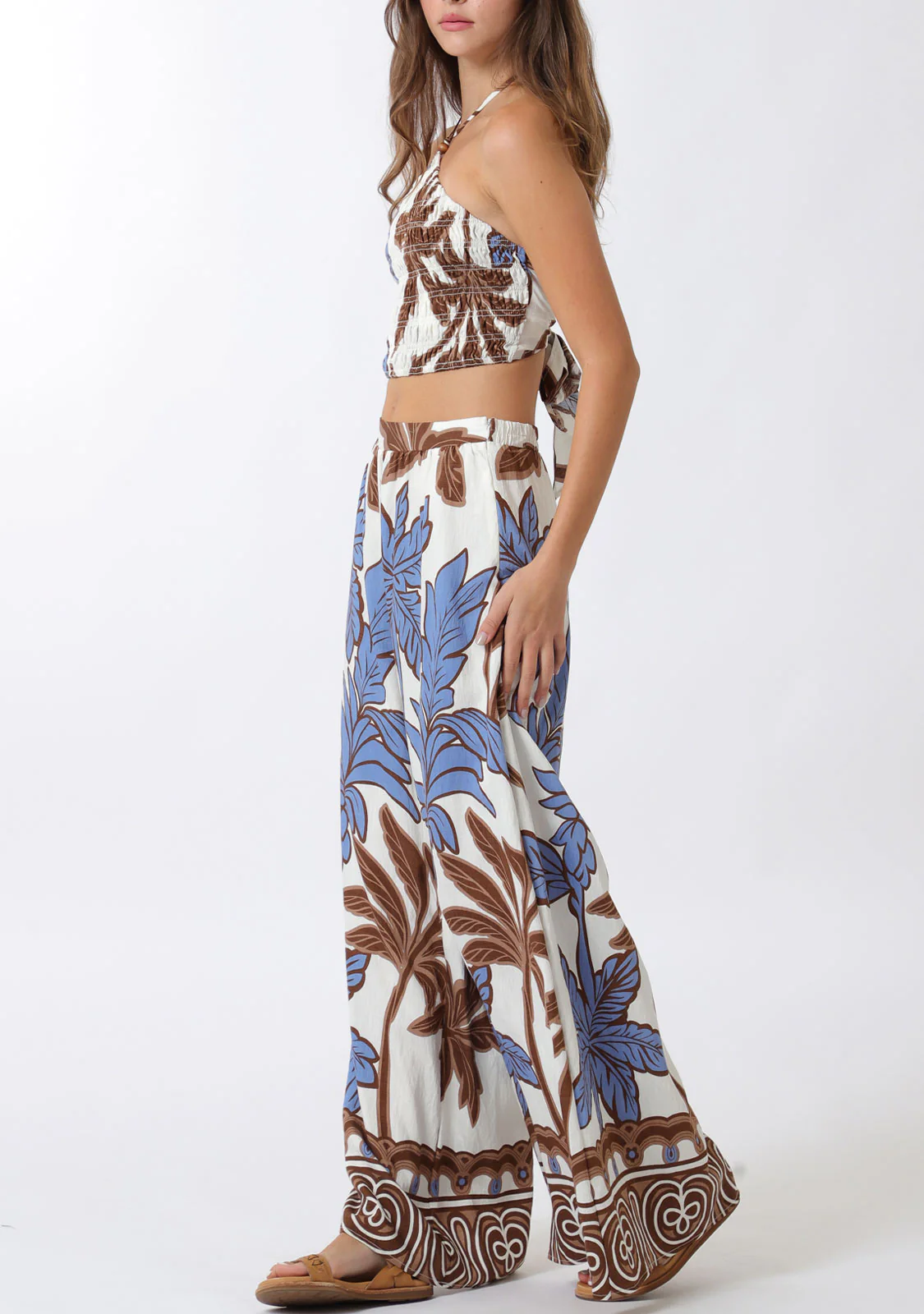 Elastic Smocked Halter Top And Long Pants Set Ivory/Brown - Image 3