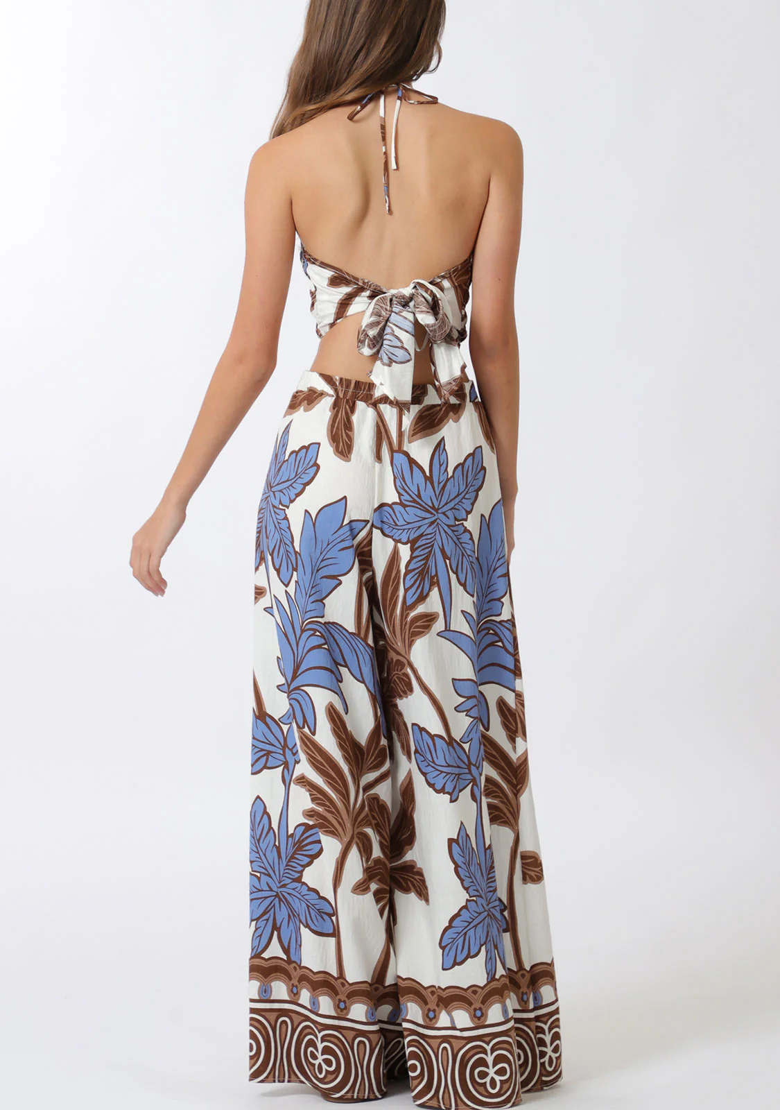 Elastic Smocked Halter Top And Long Pants Set Ivory/Brown - Image 4