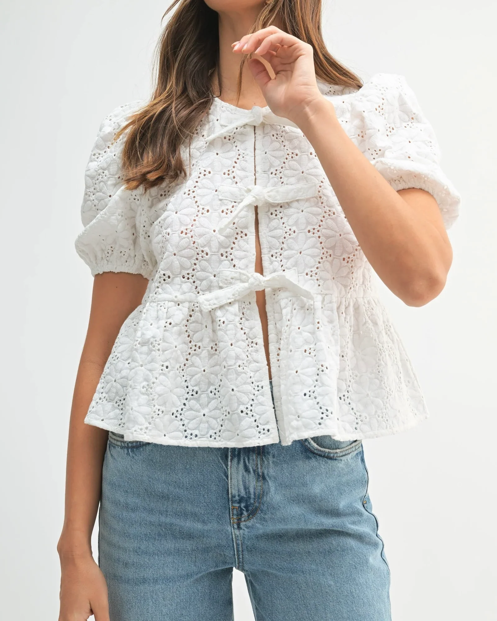 Eyelet Puff Sleeve Bottom Ruffle Front Tie Top Off White - Image 3