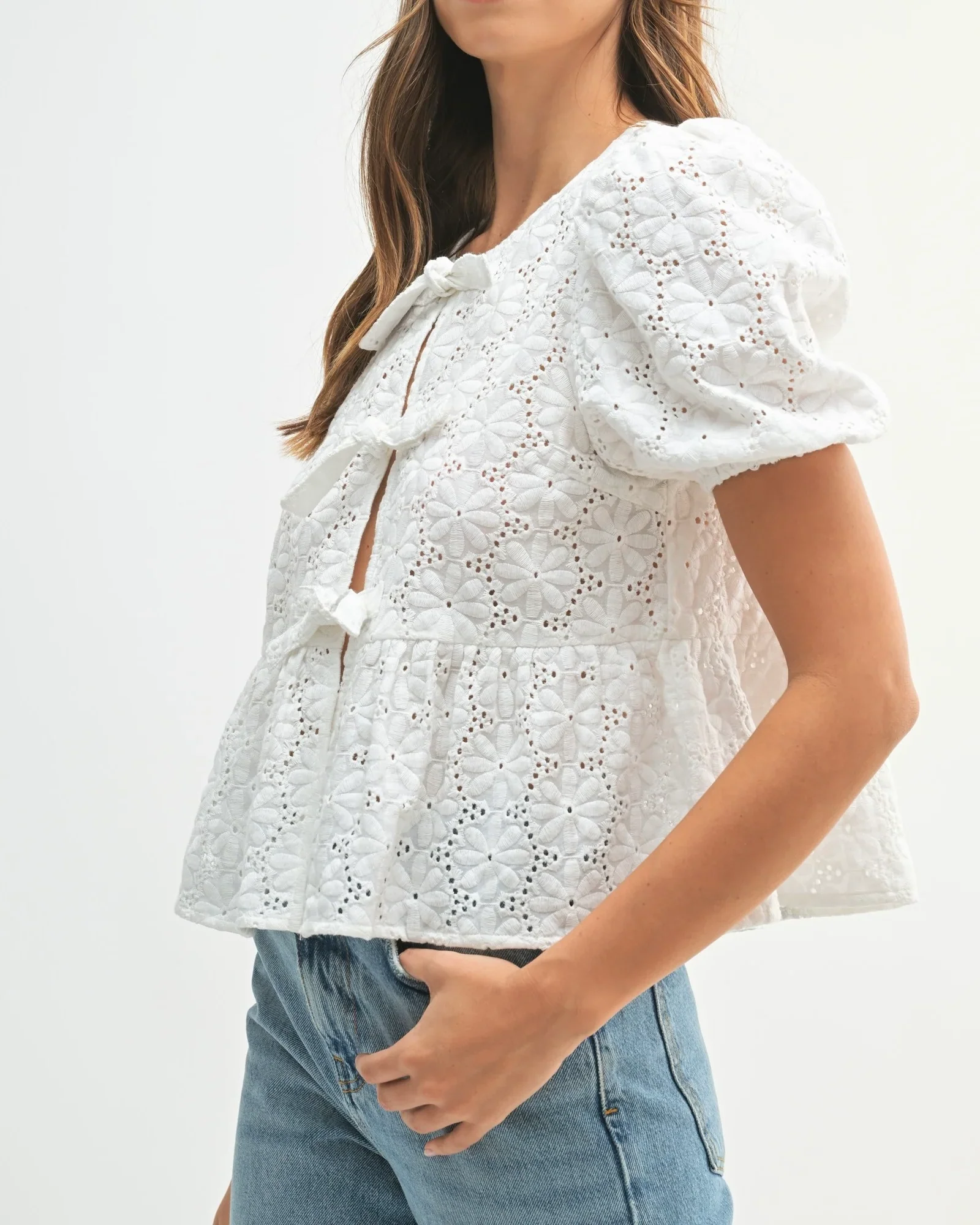 Eyelet Puff Sleeve Bottom Ruffle Front Tie Top Off White - Image 4