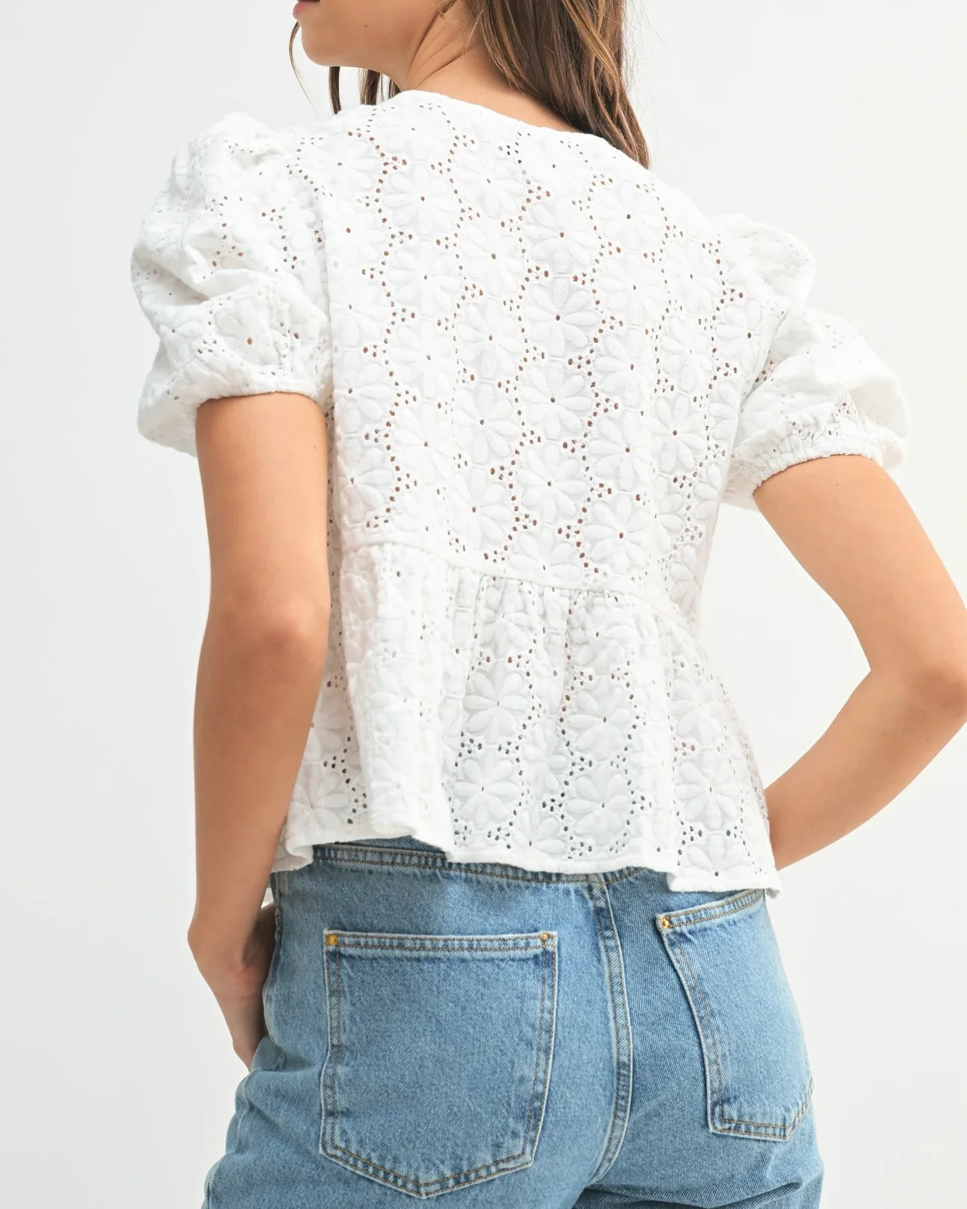 Eyelet Puff Sleeve Bottom Ruffle Front Tie Top Off White - Image 5