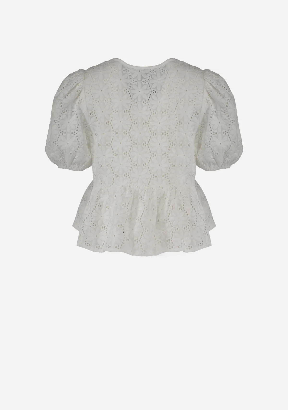 Eyelet Puff Sleeve Bottom Ruffle Front Tie Top Off White - Image 6