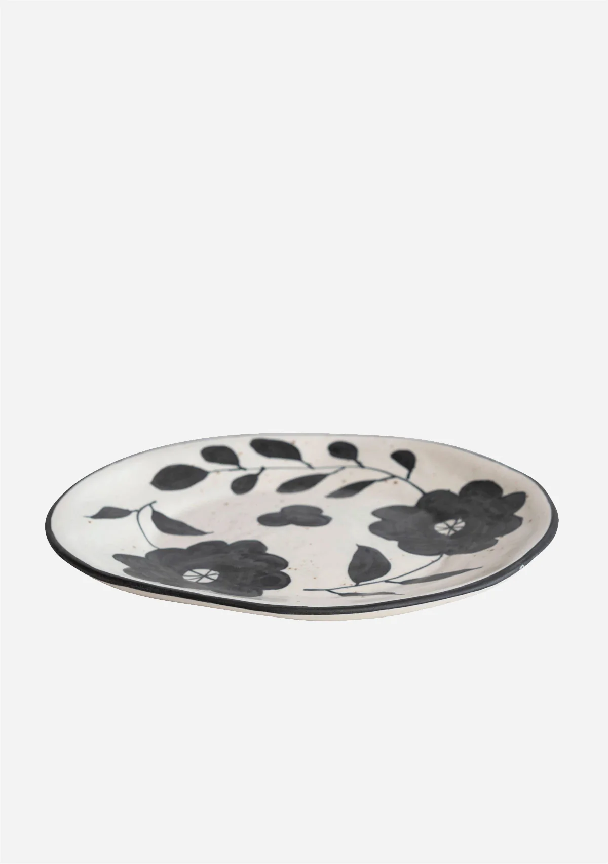 Hand-Painted Stoneware Plate w/ Floral Design, Matte Black & Cream Color Speckled - Image 3