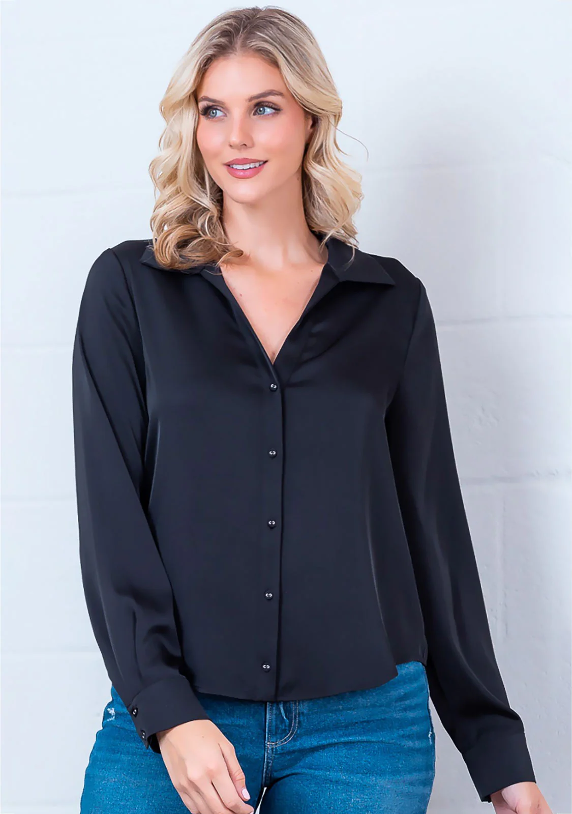Long Sleeve Fine Satin Button-Up Shirt - Image 2