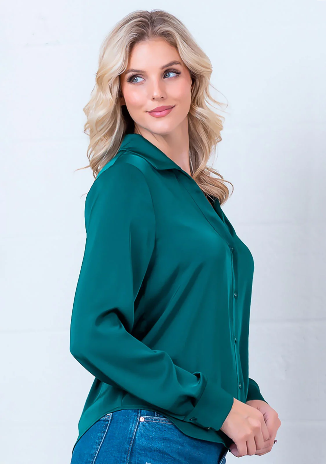 Long Sleeve Fine Satin Button-Up Shirt - Image 3