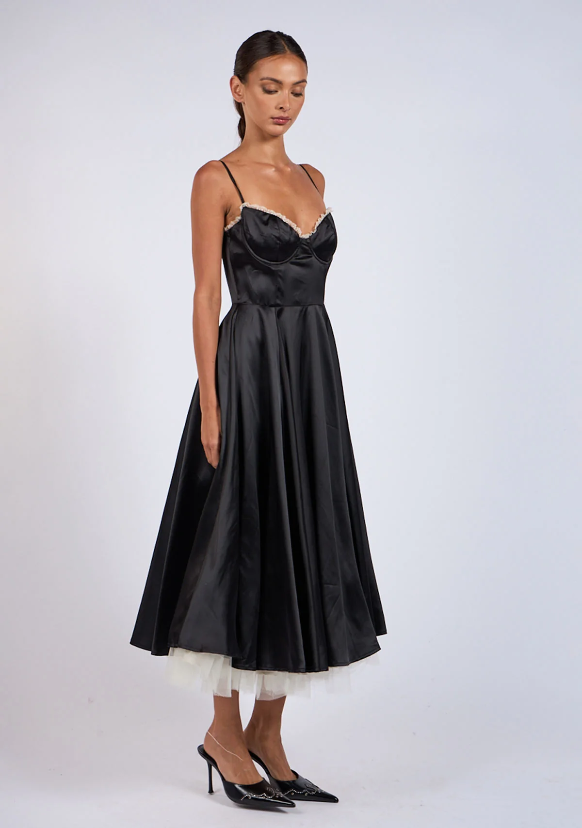 Midi Satin Slip Dress with Tulle Hem - Image 2