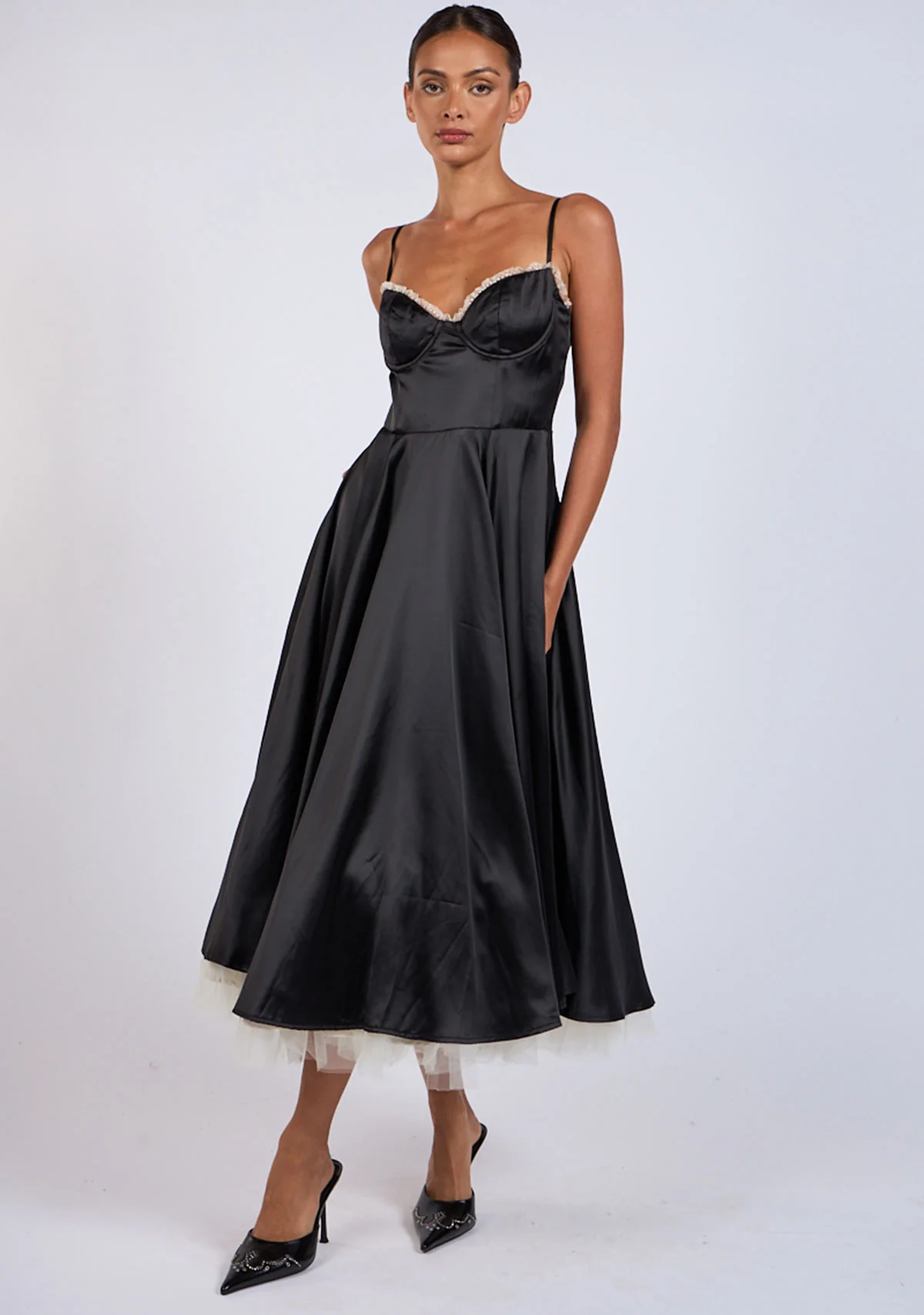 Midi Satin Slip Dress with Tulle Hem - Image 3