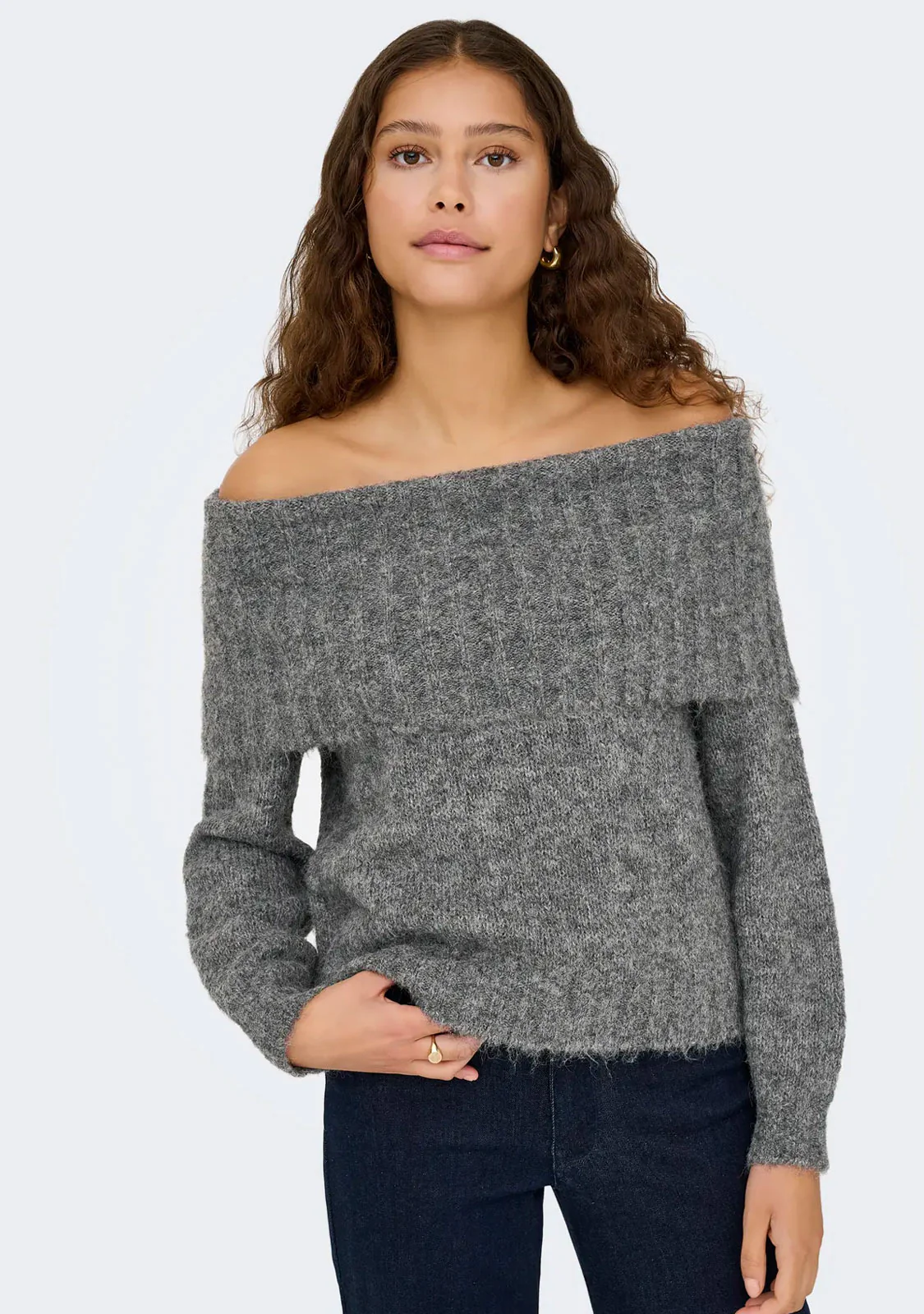 Onlshine LS Off Shoulder CC Knt Grey Melange - Image 2