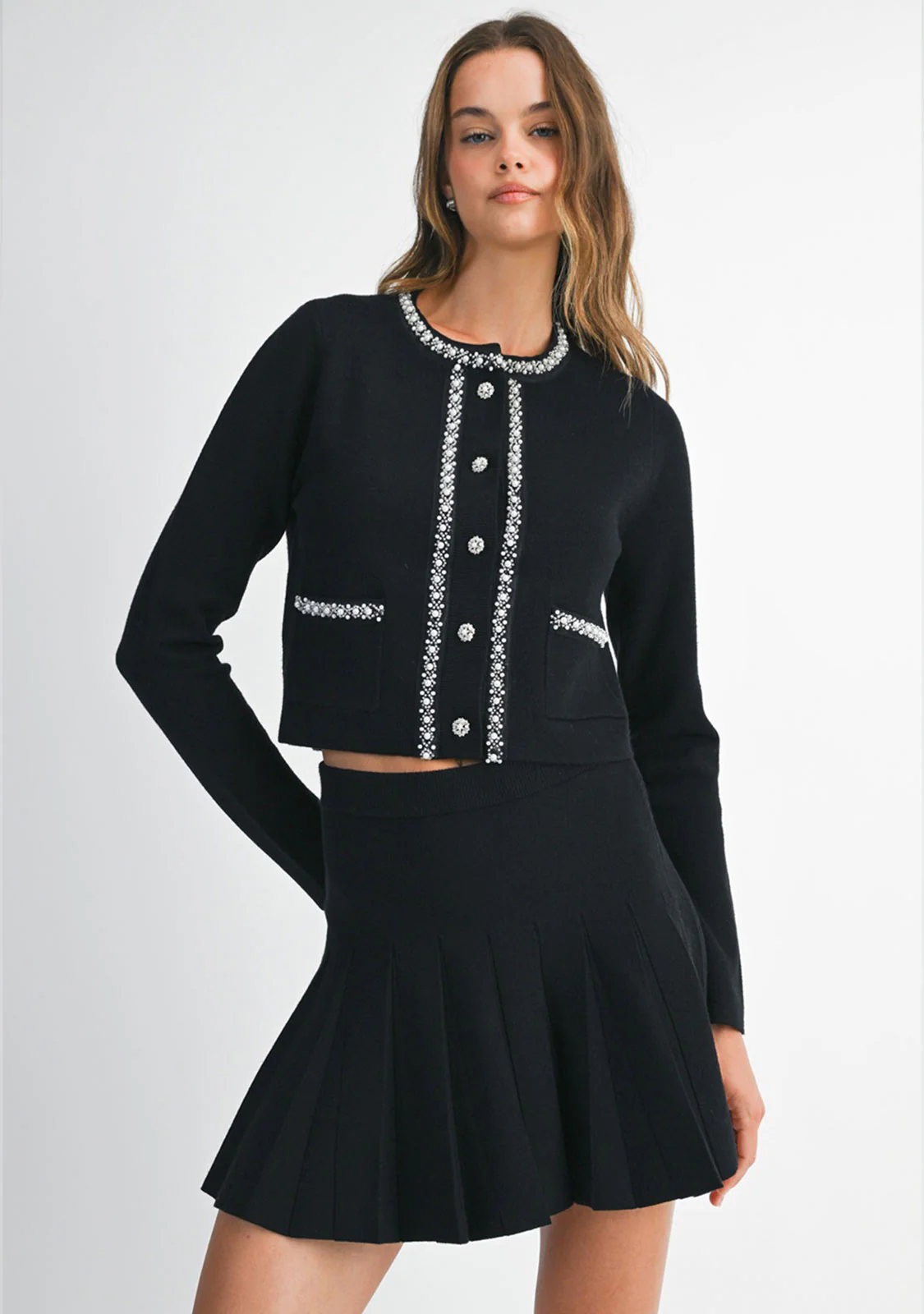 Pearl Beaded Detail  Pleated Mini Skirt Black - Image 4
