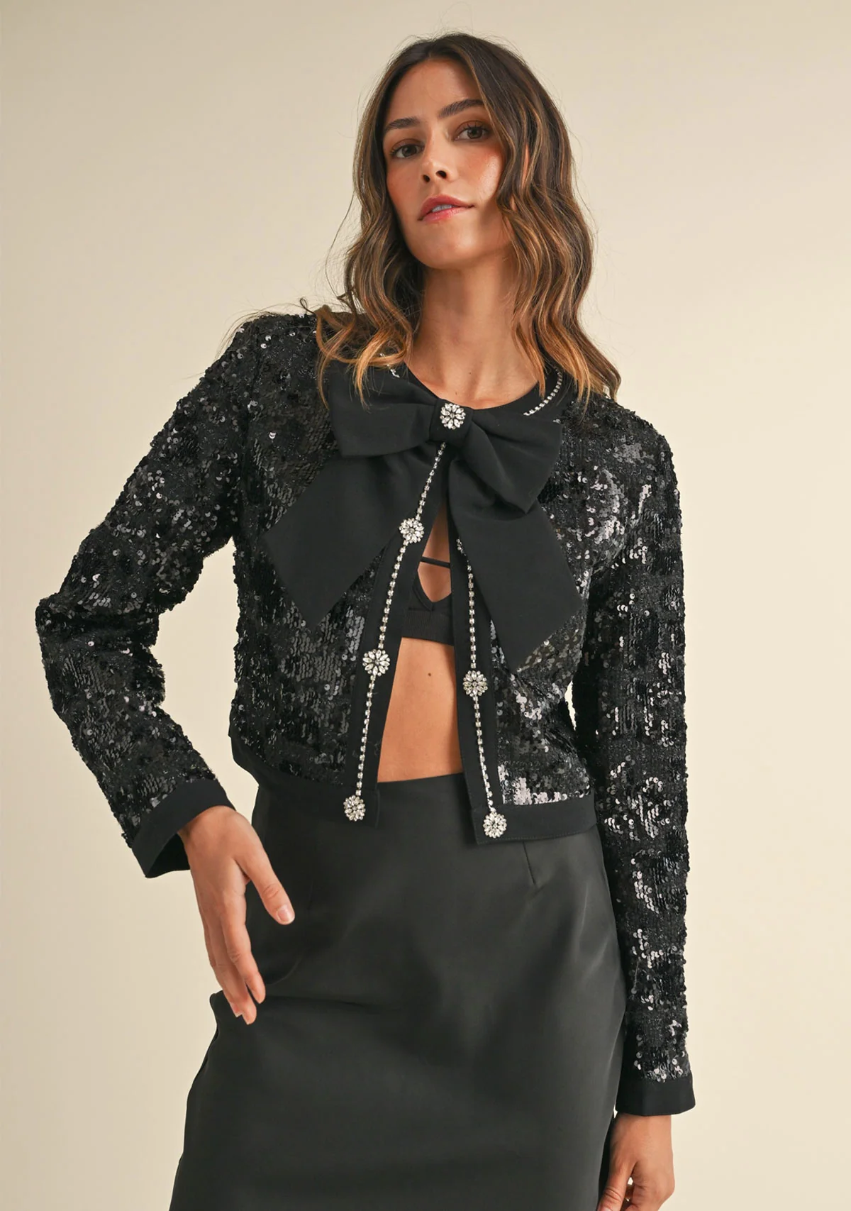 Sequin Tweed Bow Trim Front Crop Jacket - Image 3