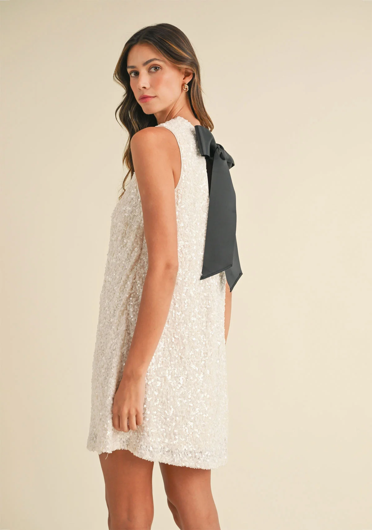Sequins Tie Back Tank Mini Dress Cream - Image 3