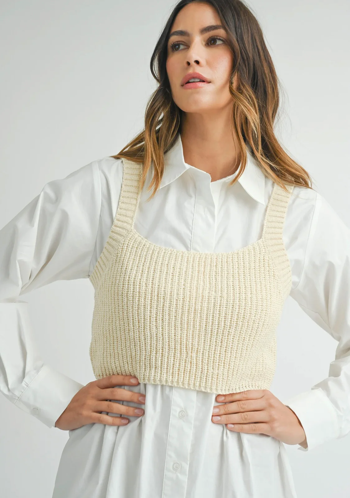 Shirt Dress With Knit Crop Top Cream - Image 3
