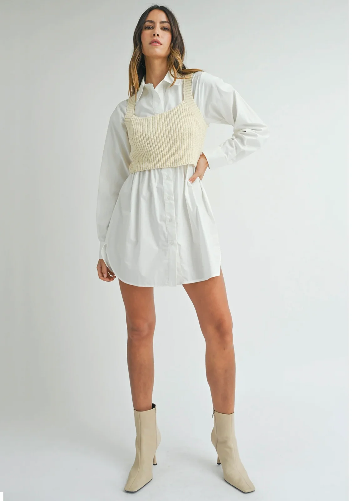 Shirt Dress With Knit Crop Top Cream - Image 4