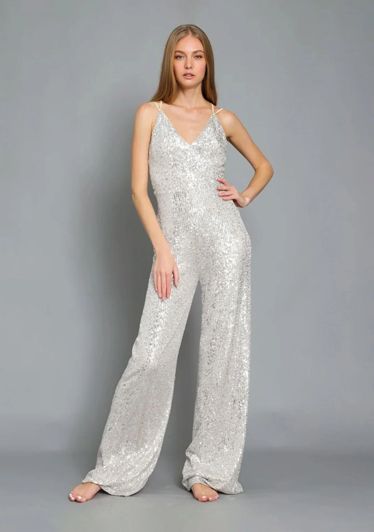 Slvls Cross Back Sequin Jumpsuit Silver/Nude - Image 3