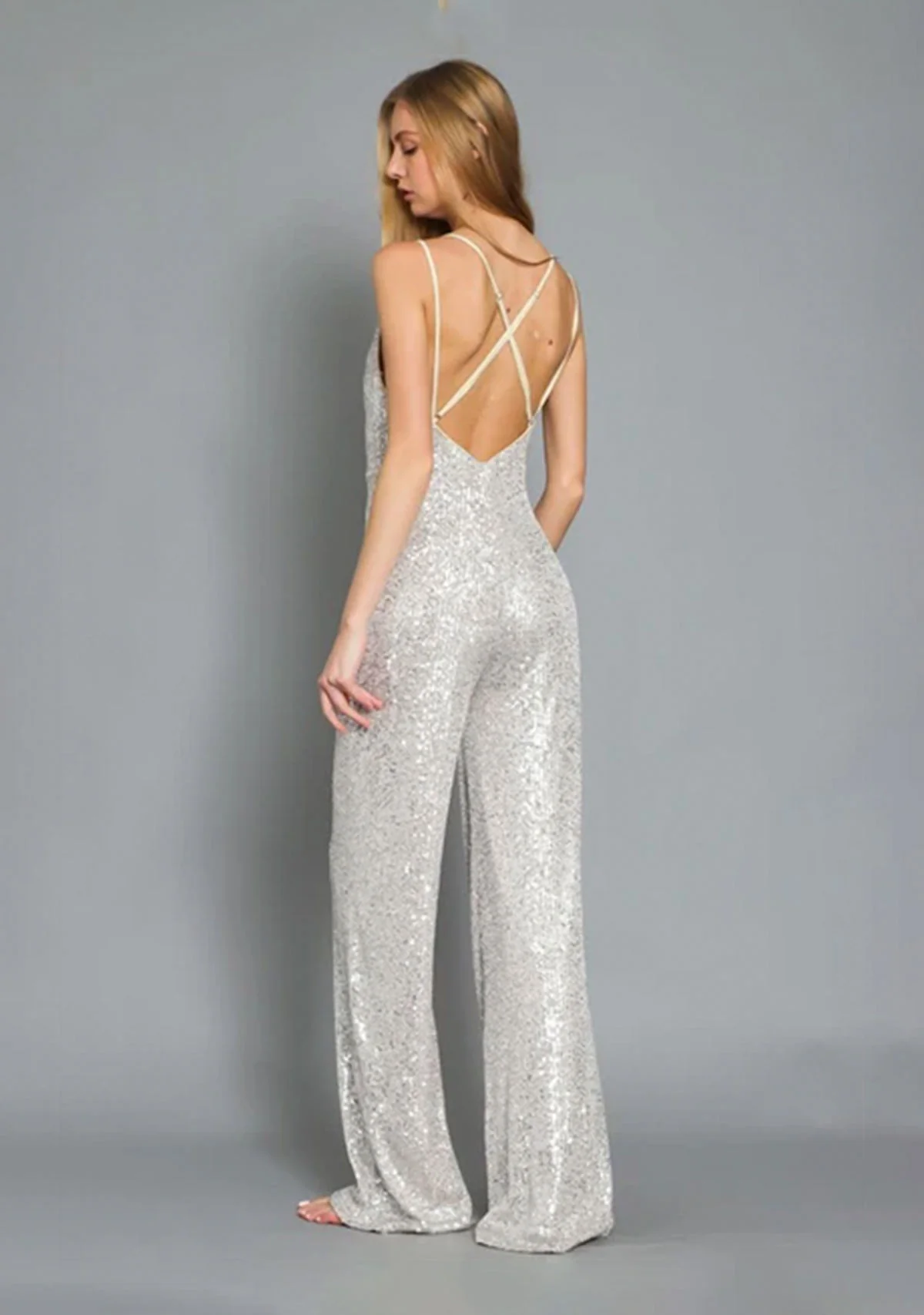 Slvls Cross Back Sequin Jumpsuit Silver/Nude - Image 4