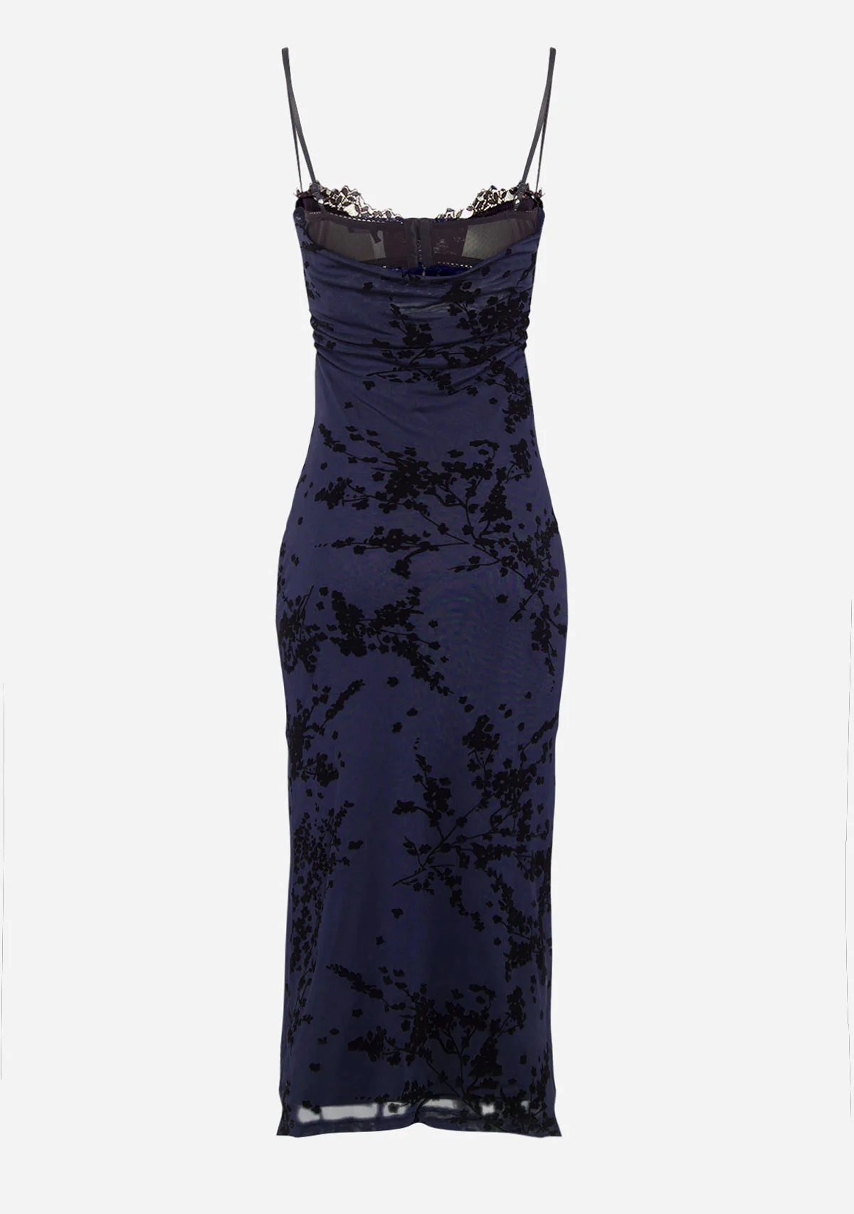 Spaghetti Bra Cup Mesh Velvet Burn Out Midi Dress Black/Navy - Image 4
