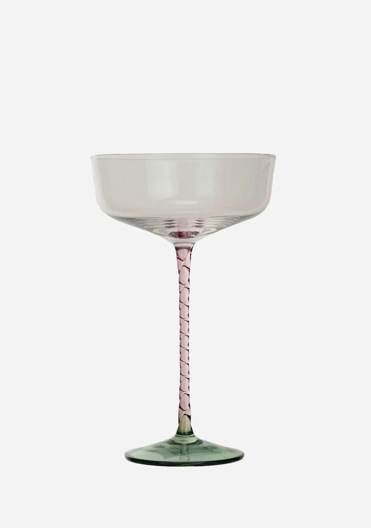 Stemmed Champagne/Coupe Glass W/ Pink Stem & Green Base - Image 3