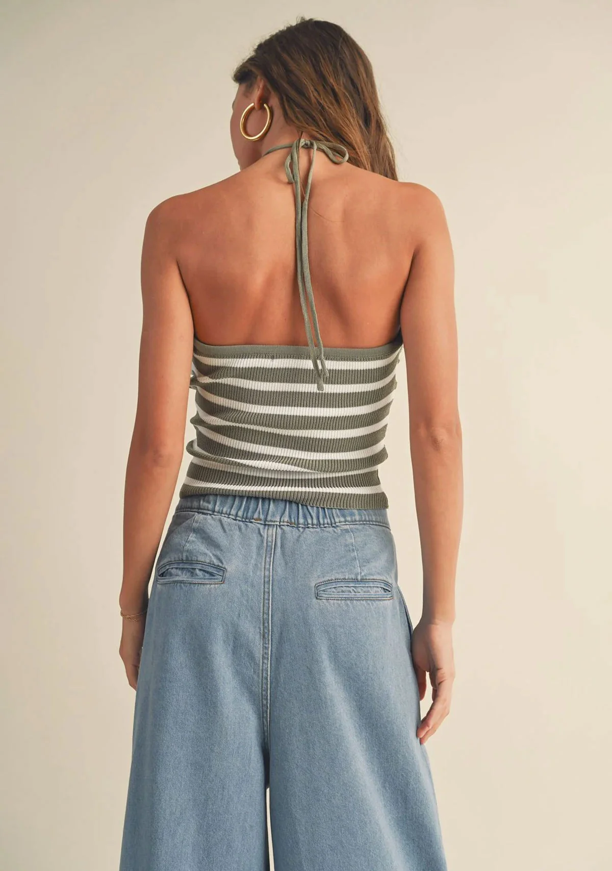Striped Knot Front Halter Neck Knitted Top - Image 2