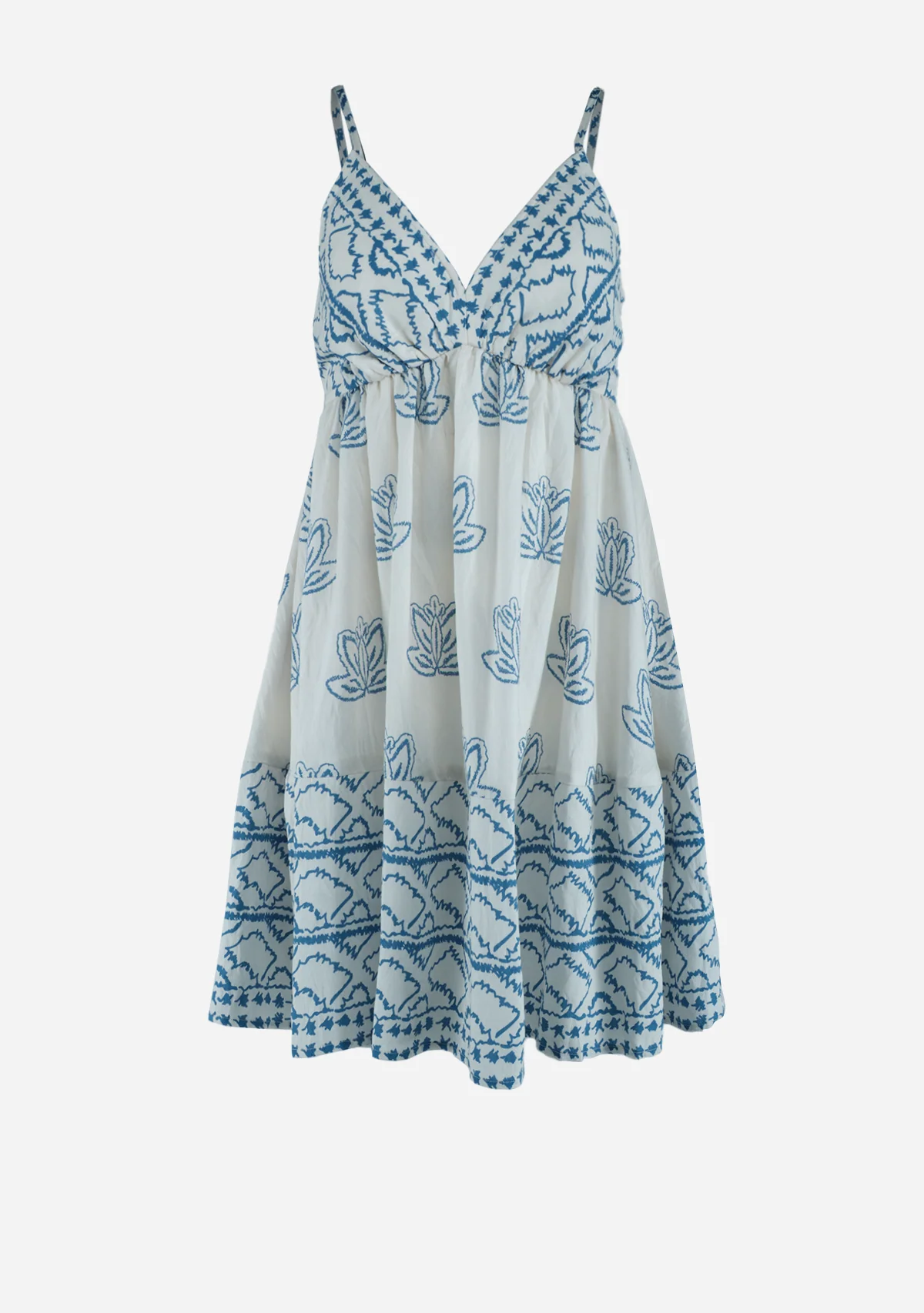 Thin Adjustable Strap Smocked Back Top Mini Dress Ivory/Blue