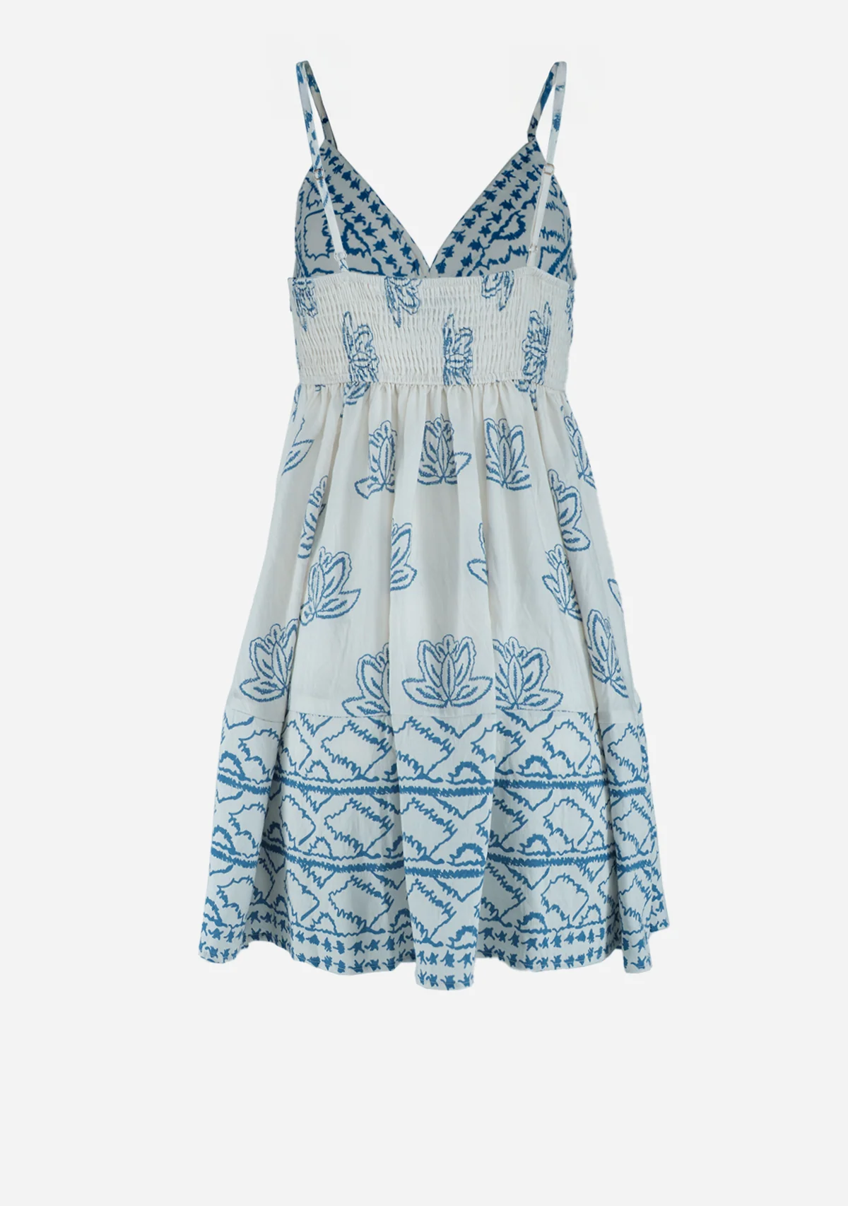 Thin Adjustable Strap Smocked Back Top Mini Dress Ivory/Blue - Image 2