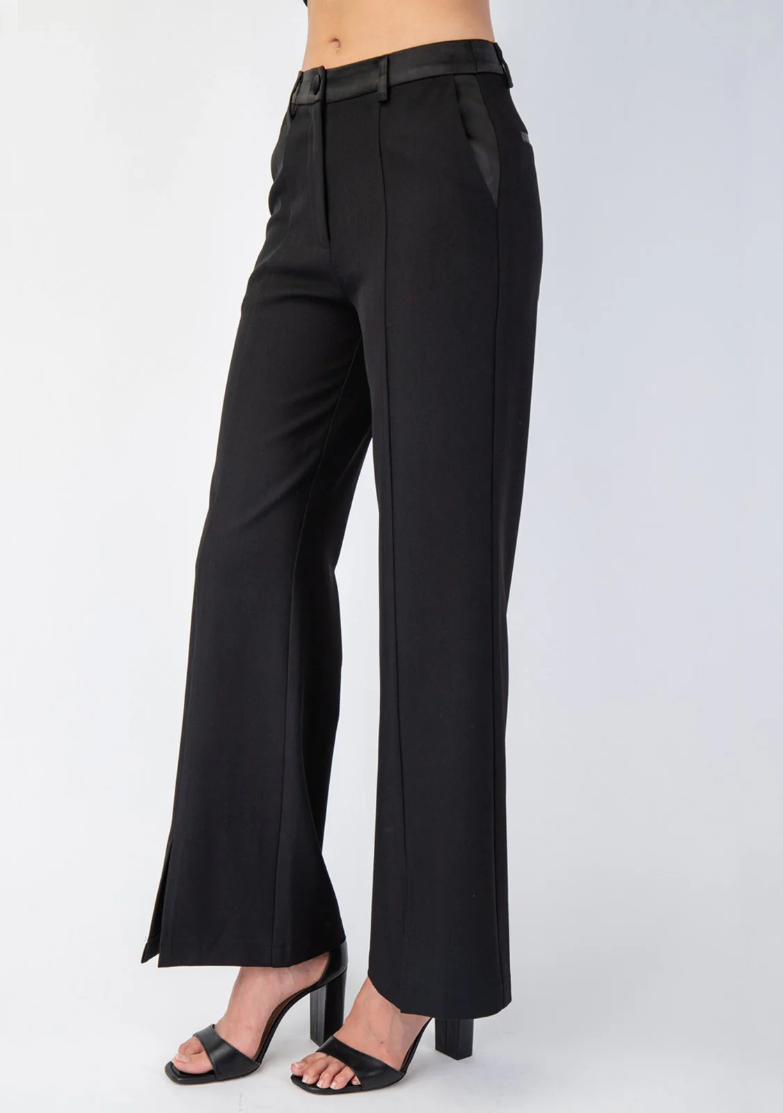 Woven Tailored Pants With Satin Contrast Insert - Image 3
