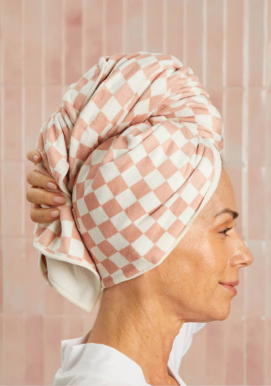 XL Quick Dry Hair Towel Wrap - Microfiber Terracotta Checker - Image 3